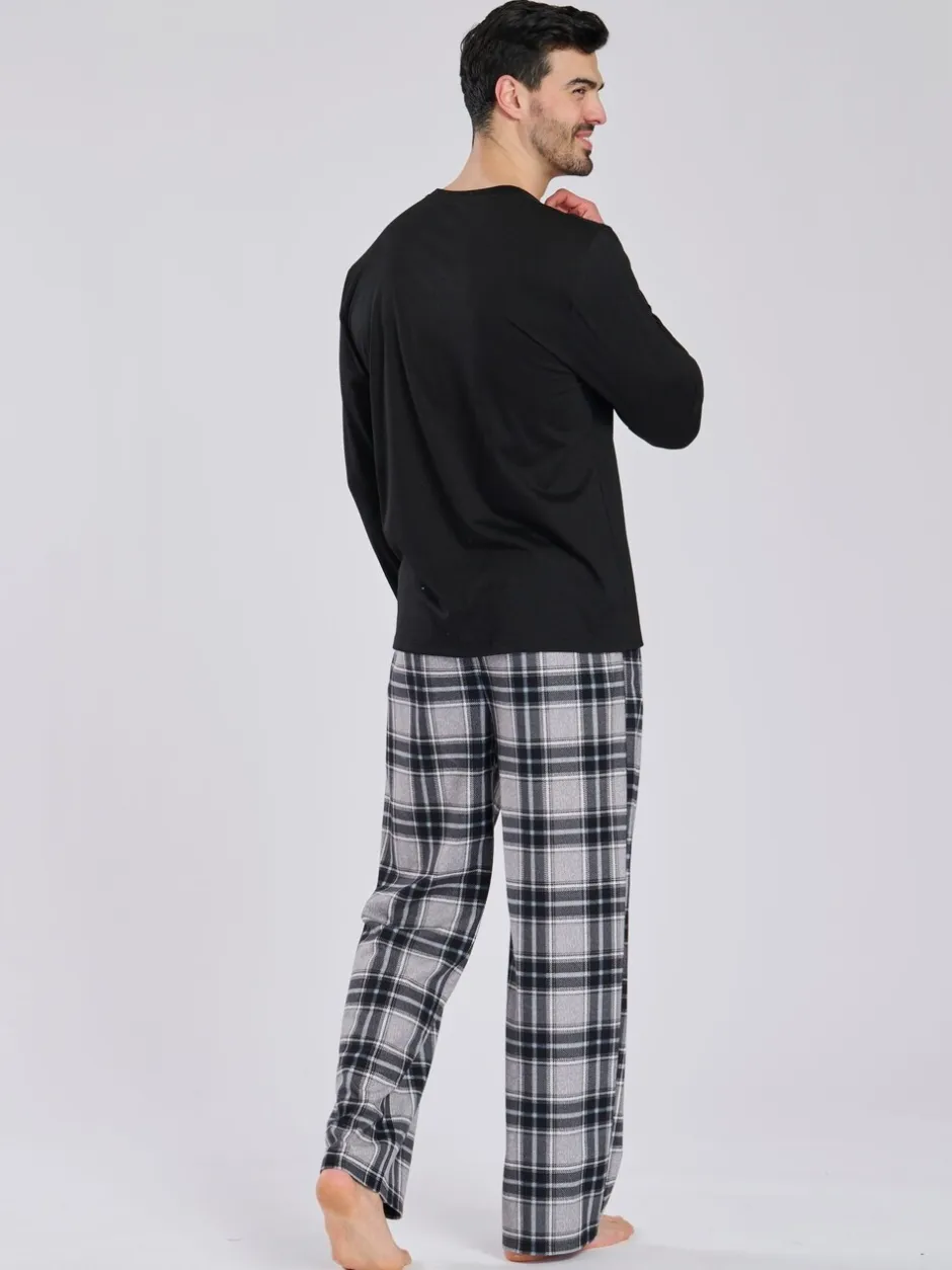 Pyjama's|Loungewear|Loungeable - Ronde hals - Jersey Microfleece Long Top And Check Trousers Pyjama Set Zwart