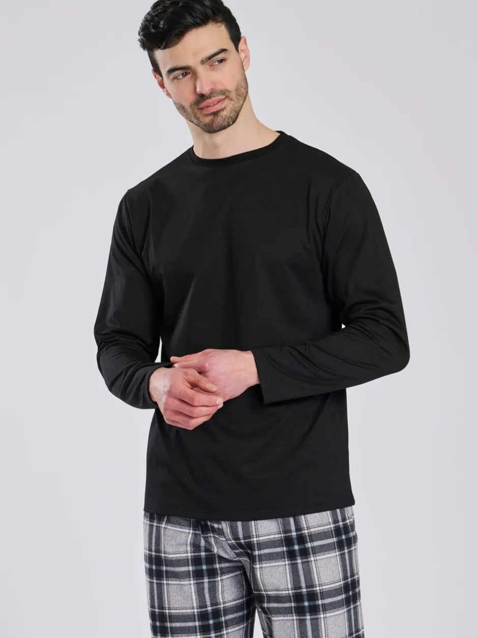 Pyjama's|Loungewear|Loungeable - Ronde hals - Jersey Microfleece Long Top And Check Trousers Pyjama Set Zwart