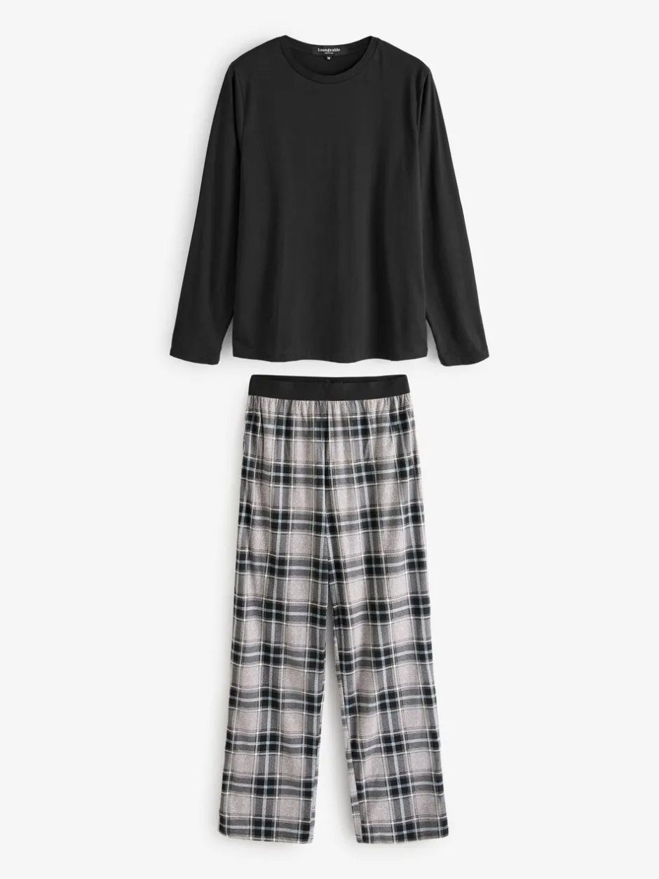 Pyjama's|Loungewear|Loungeable - Ronde hals - Jersey Microfleece Long Top And Check Trousers Pyjama Set Zwart