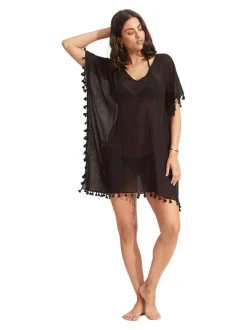 Mutsen, Handschoenen En Sjaals|Seafolly - - Amnesia katoenen kaftan met blauwe kwastjes Zwart