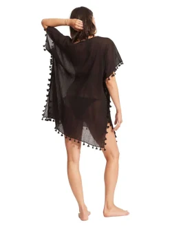 Mutsen, Handschoenen En Sjaals|Seafolly - - Amnesia katoenen kaftan met blauwe kwastjes Zwart