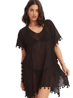 Mutsen, Handschoenen En Sjaals|Seafolly - - Amnesia katoenen kaftan met blauwe kwastjes Zwart