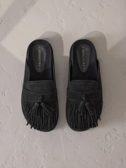 Lage Schoenen*Next Zwart - Signature Premium leren suède muiltjes met franje en voetbed