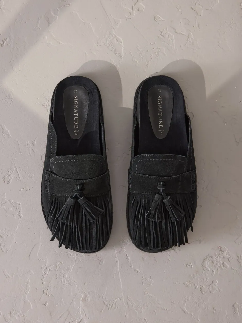 Lage Schoenen*Next Zwart - Signature Premium leren suède muiltjes met franje en voetbed