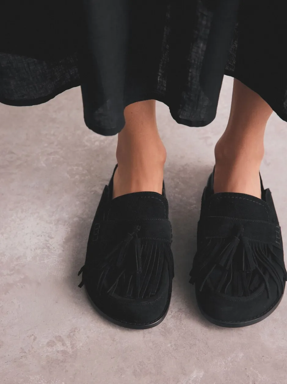 Lage Schoenen*Next Zwart - Signature Premium leren suède muiltjes met franje en voetbed