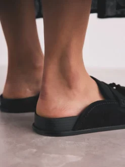 Lage Schoenen*Next Zwart - Signature Premium leren suède muiltjes met franje en voetbed