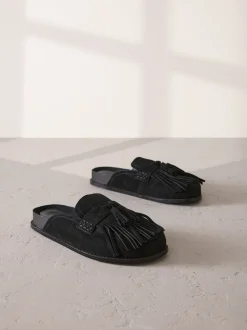 Lage Schoenen*Next Zwart - Signature Premium leren suède muiltjes met franje en voetbed
