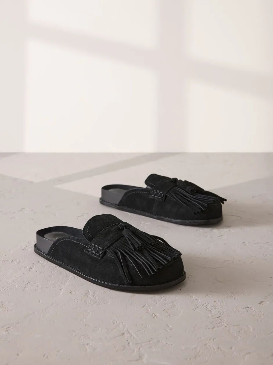 Lage Schoenen*Next Zwart - Signature Premium leren suède muiltjes met franje en voetbed