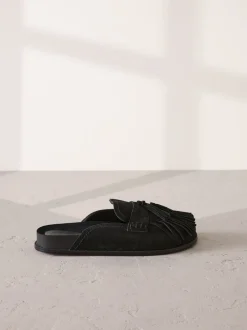 Lage Schoenen*Next Zwart - Signature Premium leren suède muiltjes met franje en voetbed