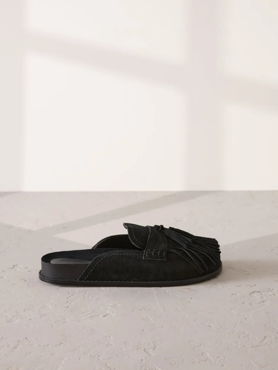 Lage Schoenen*Next Zwart - Signature Premium leren suède muiltjes met franje en voetbed