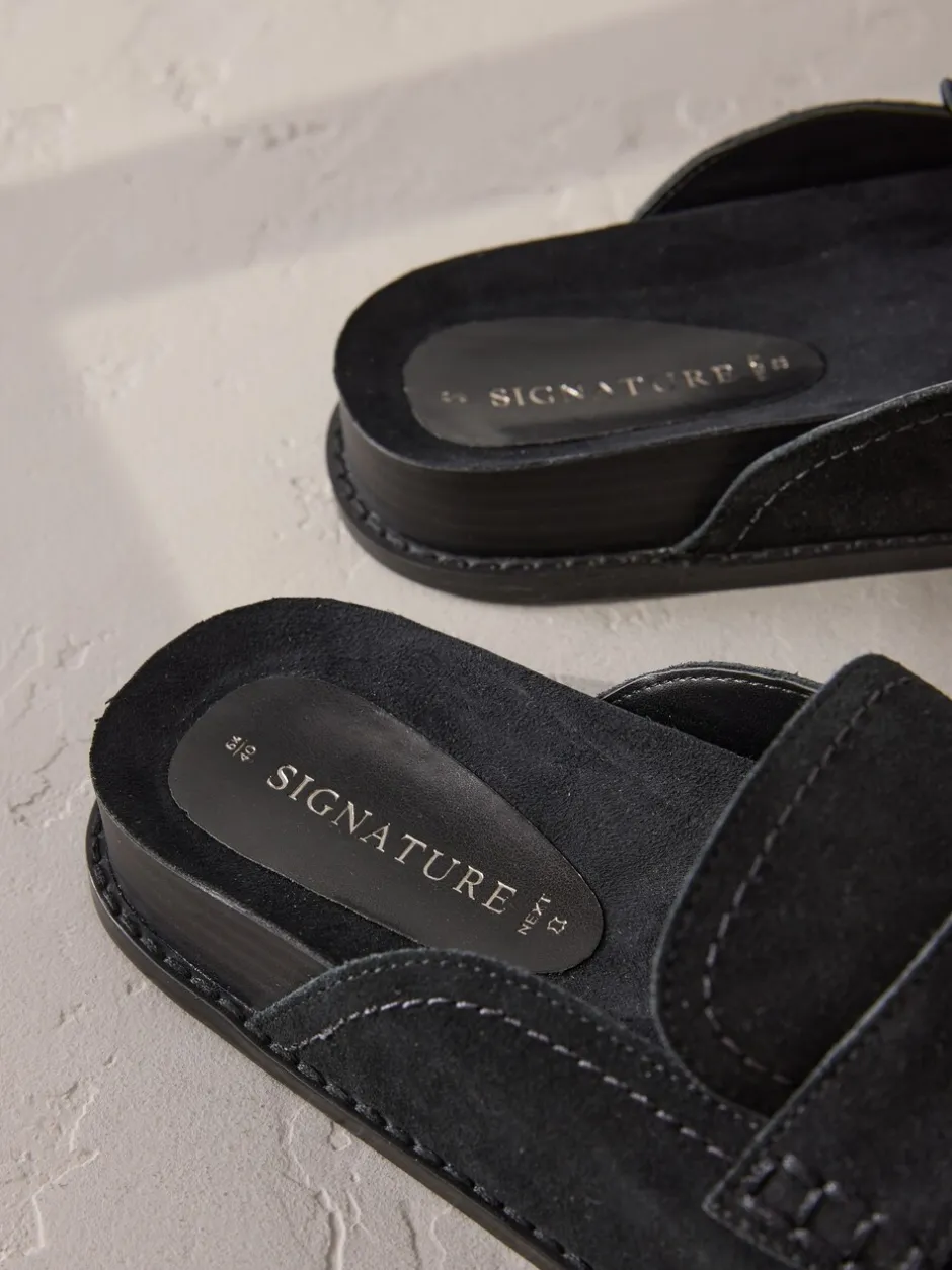 Lage Schoenen*Next Zwart - Signature Premium leren suède muiltjes met franje en voetbed