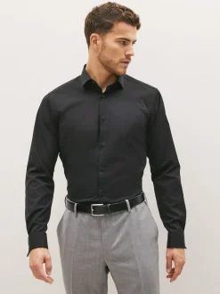 Formele Overhemden|Shirts*Next - Slim Fit - Strijkvrij net overhemd met dubbele manchet Zwart
