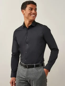 Formele Overhemden|Shirts*Next - Slim Fit - Strijkvrij net overhemd met enkele manchet Zwart