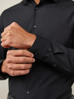 Formele Overhemden|Shirts*Next - Slim Fit - Strijkvrij net overhemd met enkele manchet Zwart