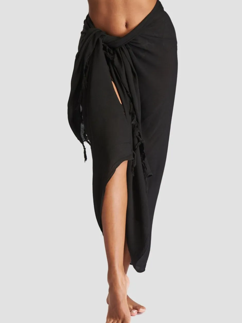 Mutsen, Handschoenen En Sjaals|Badkleding*South Beach Zwart - - Gekreukte viscose sarong-tuniek met franje