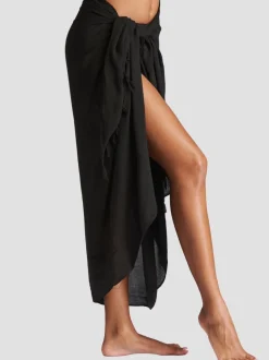 Mutsen, Handschoenen En Sjaals|Badkleding*South Beach Zwart - - Gekreukte viscose sarong-tuniek met franje