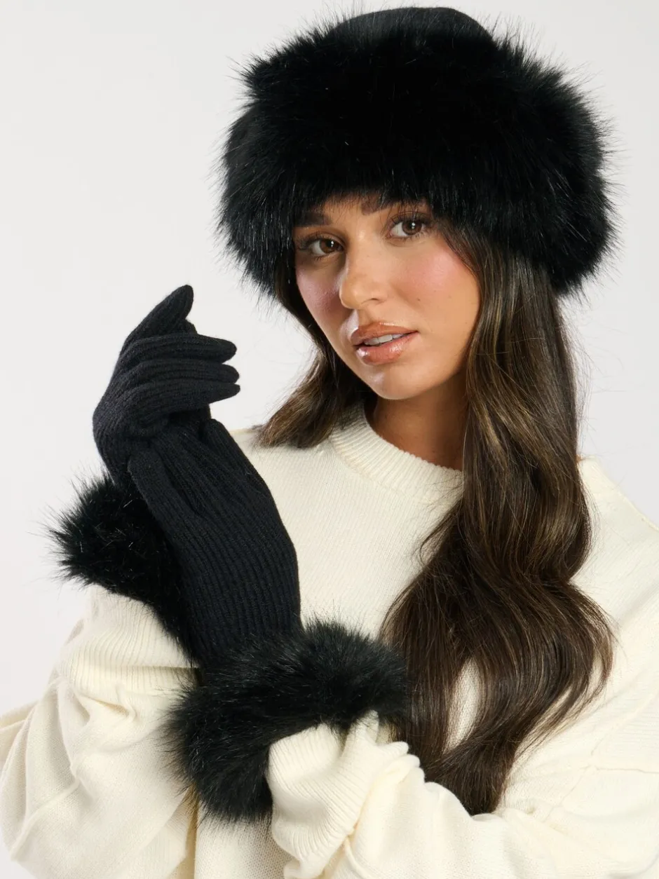 Mutsen, Handschoenen En Sjaals|South Beach - Faux Fur Hat And Glove Set Zwart