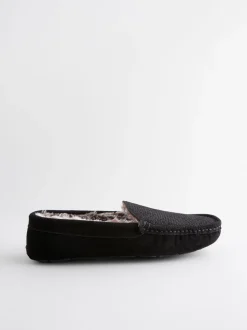 Pantoffels|Next - Suède mocassinpantoffels met voering van imitatiebont Zwart