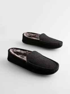 Pantoffels|Next - Suède mocassinpantoffels met voering van imitatiebont Zwart