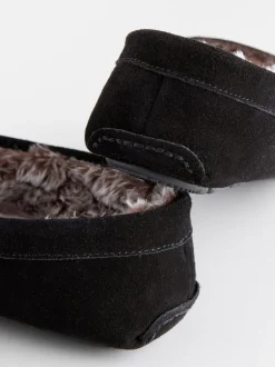 Pantoffels|Next - Suède mocassinpantoffels met voering van imitatiebont Zwart