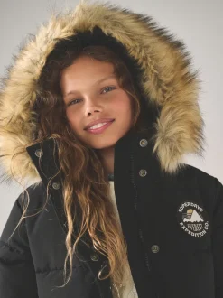 Jassen, Jacks En Kinderwagenpakjes|Schoolkleding*Superdry - - Everest lange gewatteerde jas Zwart