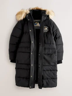 Jassen, Jacks En Kinderwagenpakjes|Schoolkleding*Superdry - - Everest lange gewatteerde jas Zwart