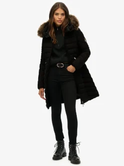 Jassen En Jacks|Superdry Zwart - Fuji Faux Hood Mid Length Coat