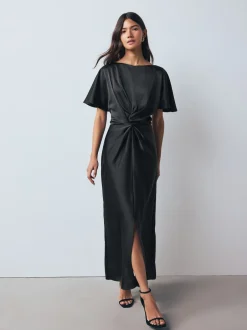Jurken*Next - Textured Satin Short Sleeve Twist Front Midi Dress Zwart