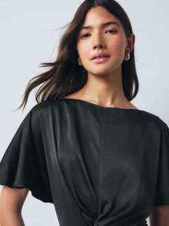 Jurken*Next - Textured Satin Short Sleeve Twist Front Midi Dress Zwart