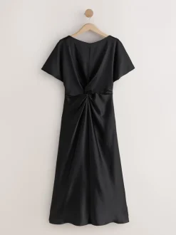 Jurken*Next - Textured Satin Short Sleeve Twist Front Midi Dress Zwart
