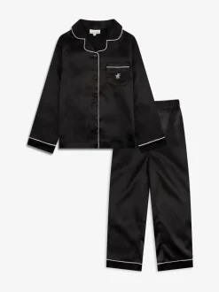 Nachtkleding En Pyjama's|Pyjama's|The Little Tailor - Satijnen Kinder Kerstmis Pyjama's met Knoopsluiting Zwart