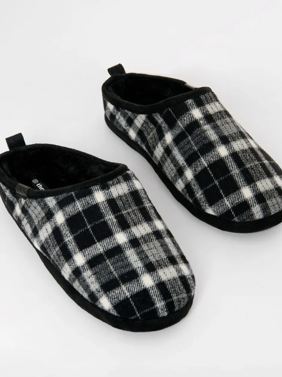 Pantoffels*Threadbare - Check Faux Fur Lined Mule Slippers Zwart