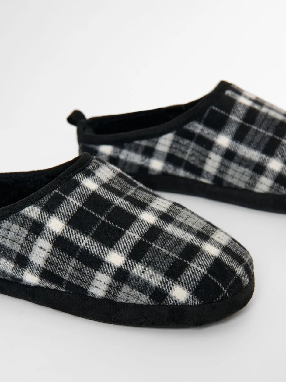 Pantoffels*Threadbare - Check Faux Fur Lined Mule Slippers Zwart