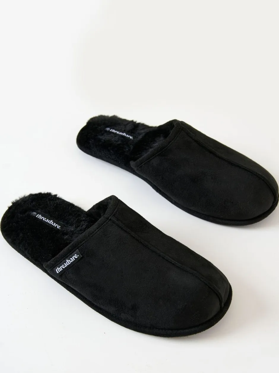 Pantoffels*Threadbare - Faux Fur Lined Slip On Mule Slippers Zwart