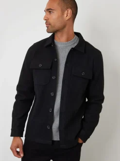 Formele Overhemden*Threadbare - imitatiebont wollen knoopsluiting overshirt Zwart