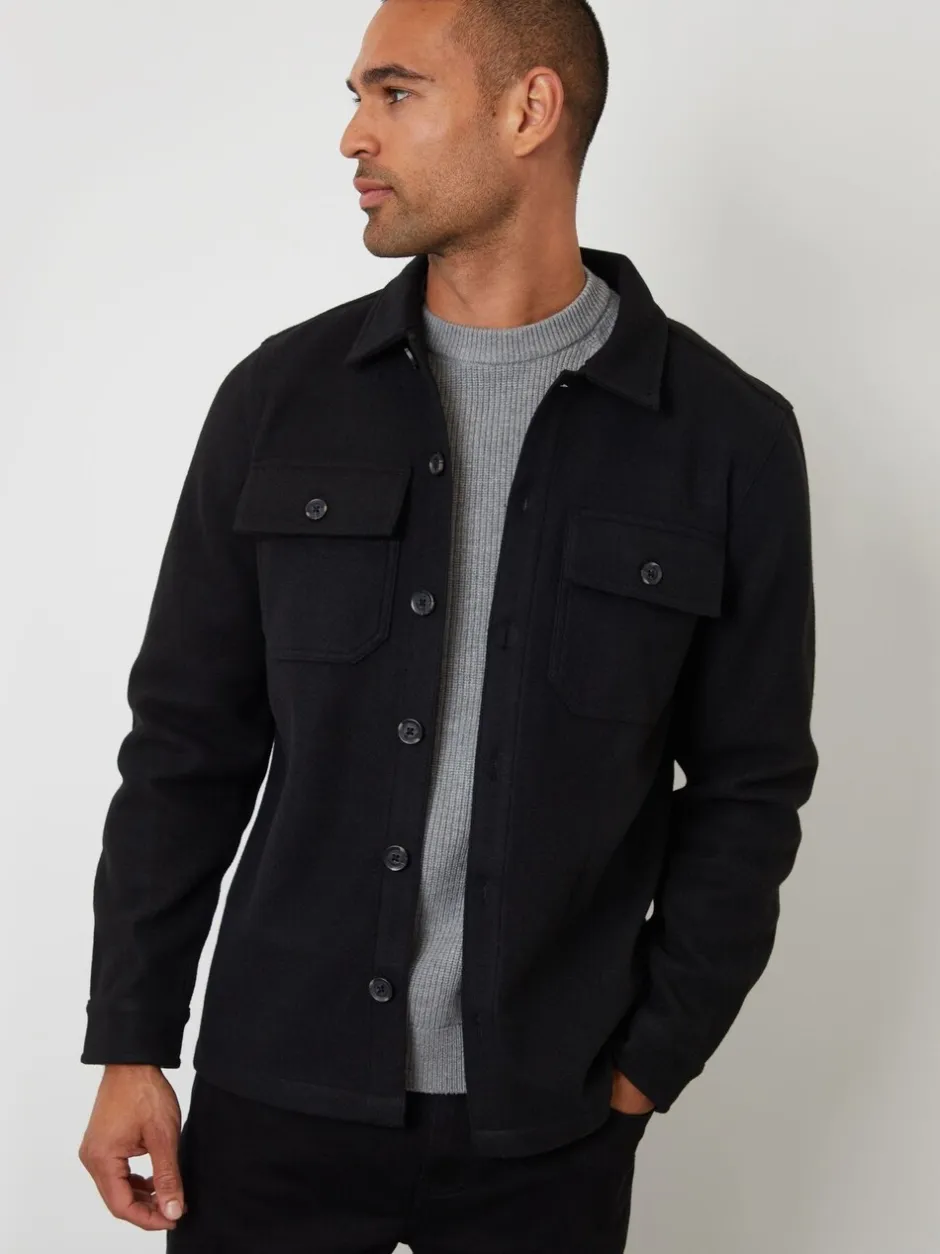 Formele Overhemden*Threadbare - imitatiebont wollen knoopsluiting overshirt Zwart