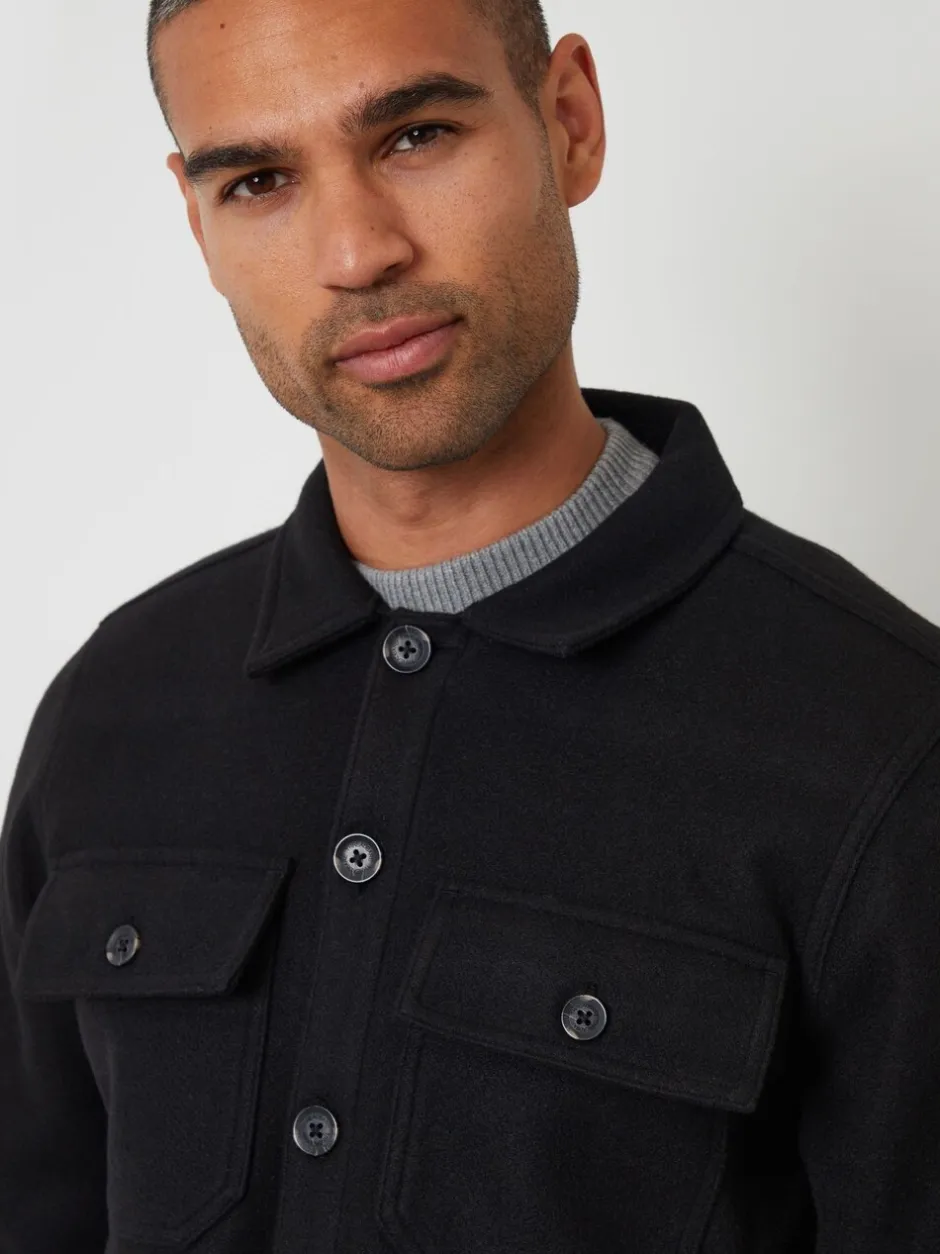 Formele Overhemden*Threadbare - imitatiebont wollen knoopsluiting overshirt Zwart