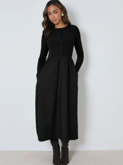 Jurken*Threadbare - 2-in-1 Jersey Poplin Mix Button Down Dress Zwart