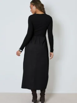 Jurken*Threadbare - 2-in-1 Jersey Poplin Mix Button Down Dress Zwart