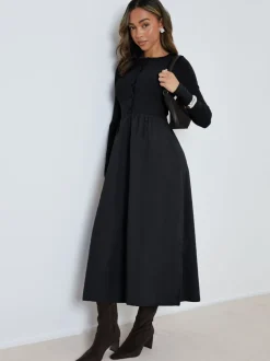 Jurken*Threadbare - 2-in-1 Jersey Poplin Mix Button Down Dress Zwart