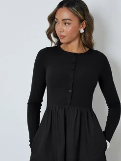 Jurken*Threadbare - 2-in-1 Jersey Poplin Mix Button Down Dress Zwart