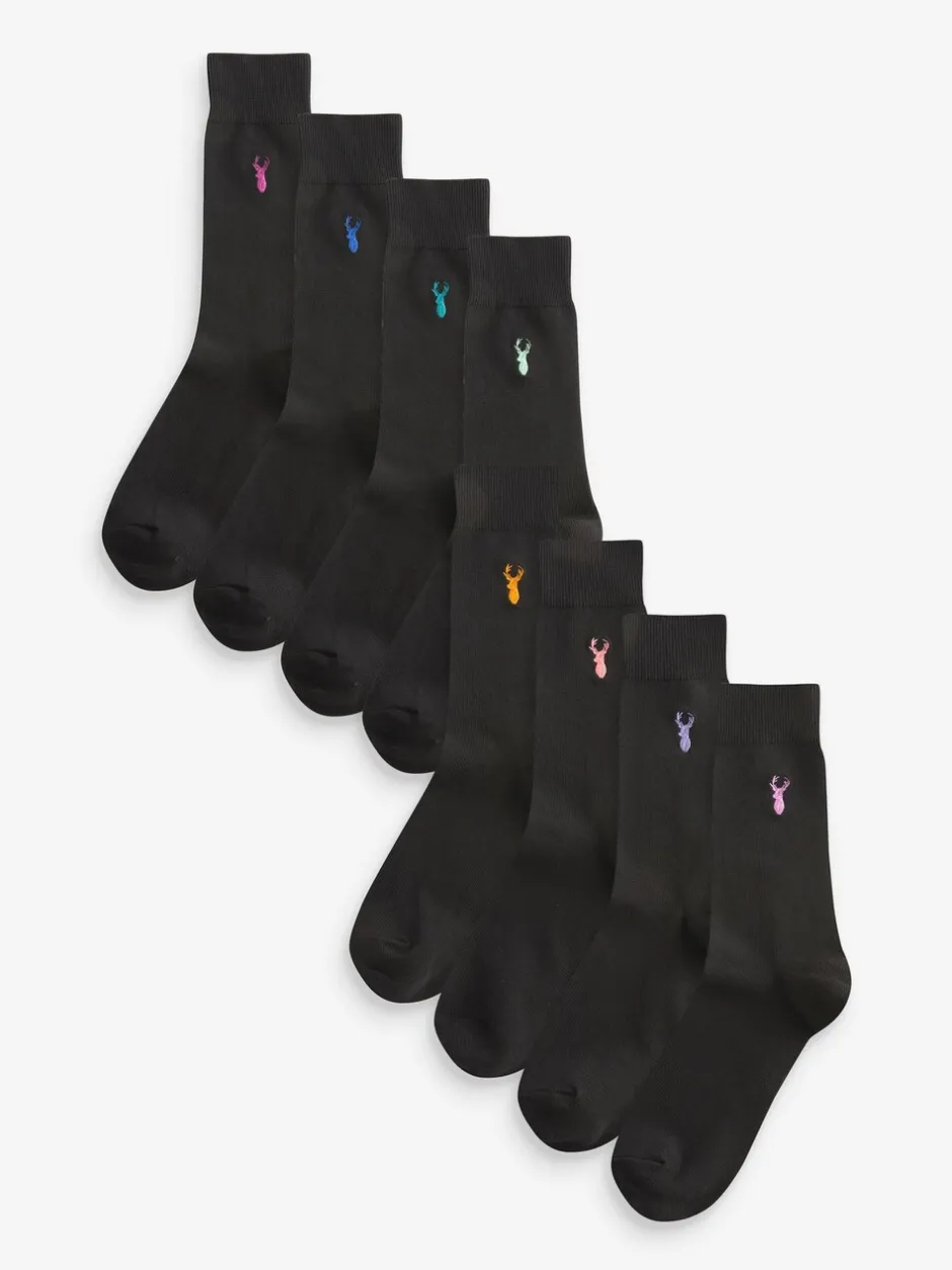 Sokken|Sokken|Next Zwart - Verpakking van 8 - Meerkleurige Stag Lasting Fresh sokken met borduursel