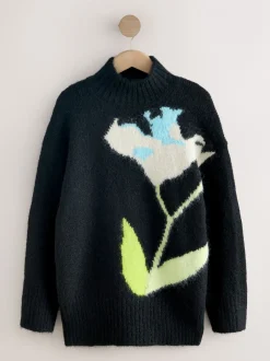 Gebreide Kleding*Next - Wollen trui met opstaande hals en bloemenprint Zwart