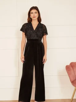 Jumpsuits En Playsuits*Yumi - jumpsuit met engelmouwen, van fluweel en versierd met lovertjes Zwart