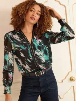 Blouses En Overhemden|Love & Roses - Print blouse met inkeping bij de hals en hardware Zwart Animal