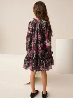 Jurken|Next Zwart bloemenprint - Feestjurk van mesh met lange mouwen (3-16jr)