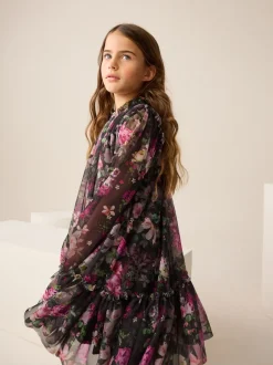 Jurken|Next Zwart bloemenprint - Feestjurk van mesh met lange mouwen (3-16jr)