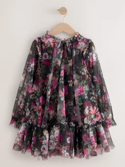 Jurken|Next Zwart bloemenprint - Feestjurk van mesh met lange mouwen (3-16jr)