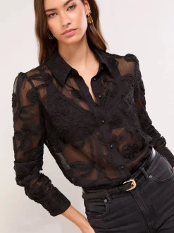 Blouses En Overhemden|Tops En T-Shirts*Lipsy - Burnout overhemd met knoopsluiting Zwart bloemenprint