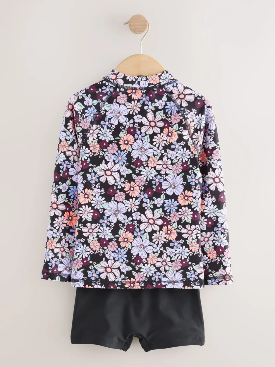 Badkleding|Next - Long Sleeve Sunsafe Rash Vest And Shorts Set (3-16yrs) Zwart bloemenprint